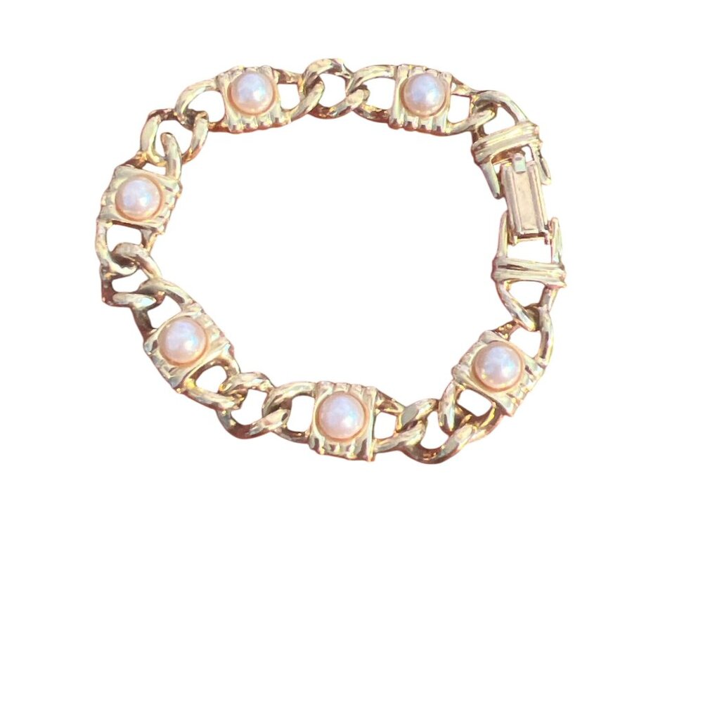 Vintage Gold Tone Chain Link Bracelet Faux Pearl Fold Over Clasp Estate 6.5"